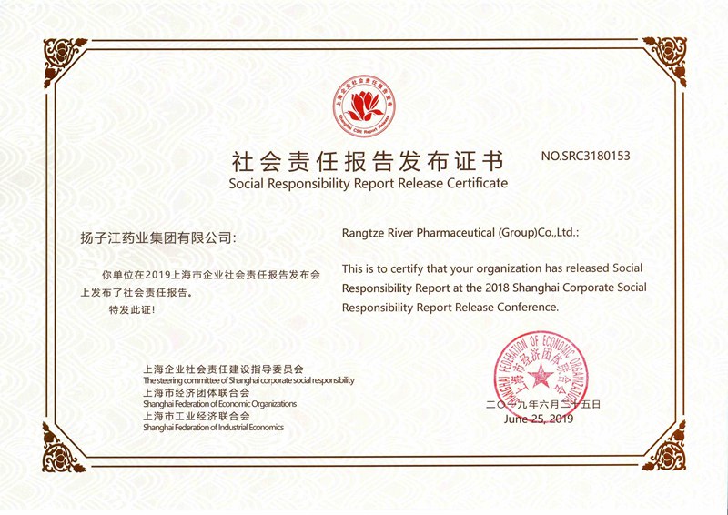 社會(huì )責任報告發(fā)布證書(shū)（上海工經(jīng)聯(lián)，2019）